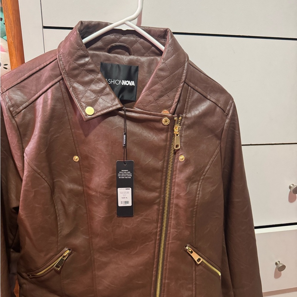 Fashion Nova Women's Leather Jacket in Rich Brown